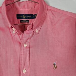 Ralph Lauren Shirt Mens Medium Pink Chambray Slim Fit Short Sleeve Button Down